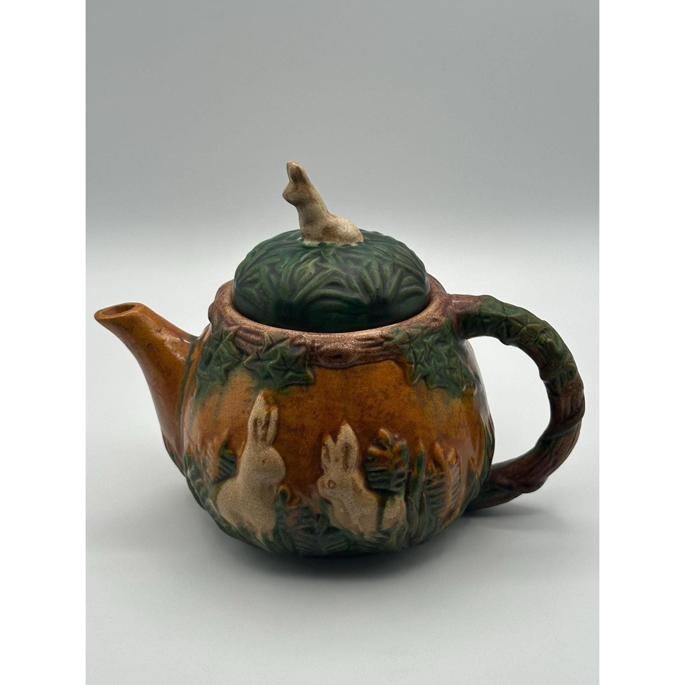 Vintage Art Nouveau Majolica Teapot Woodland Tree Leaf Design - Picture 4 of 8